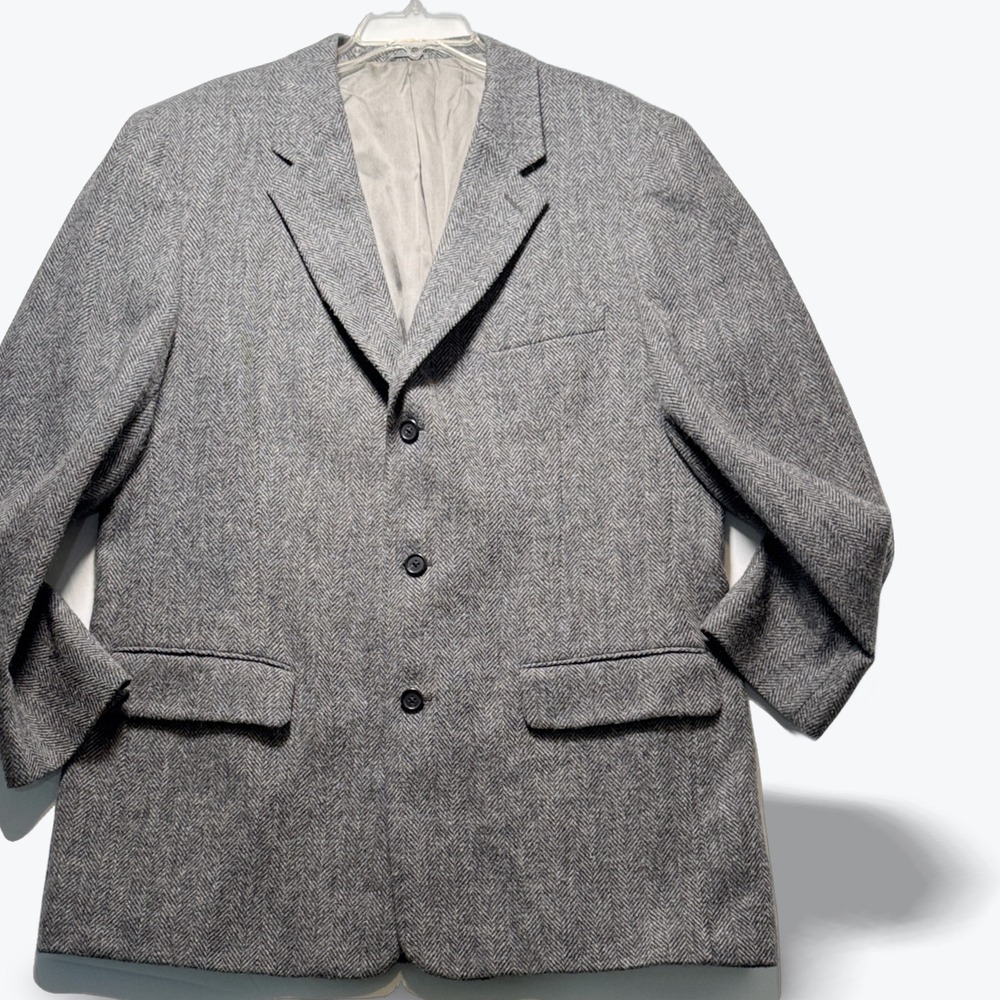 Vintage J Crew Wool Blazer Mens 44L Grey Herringbone Sport Coat Made in USA 90s